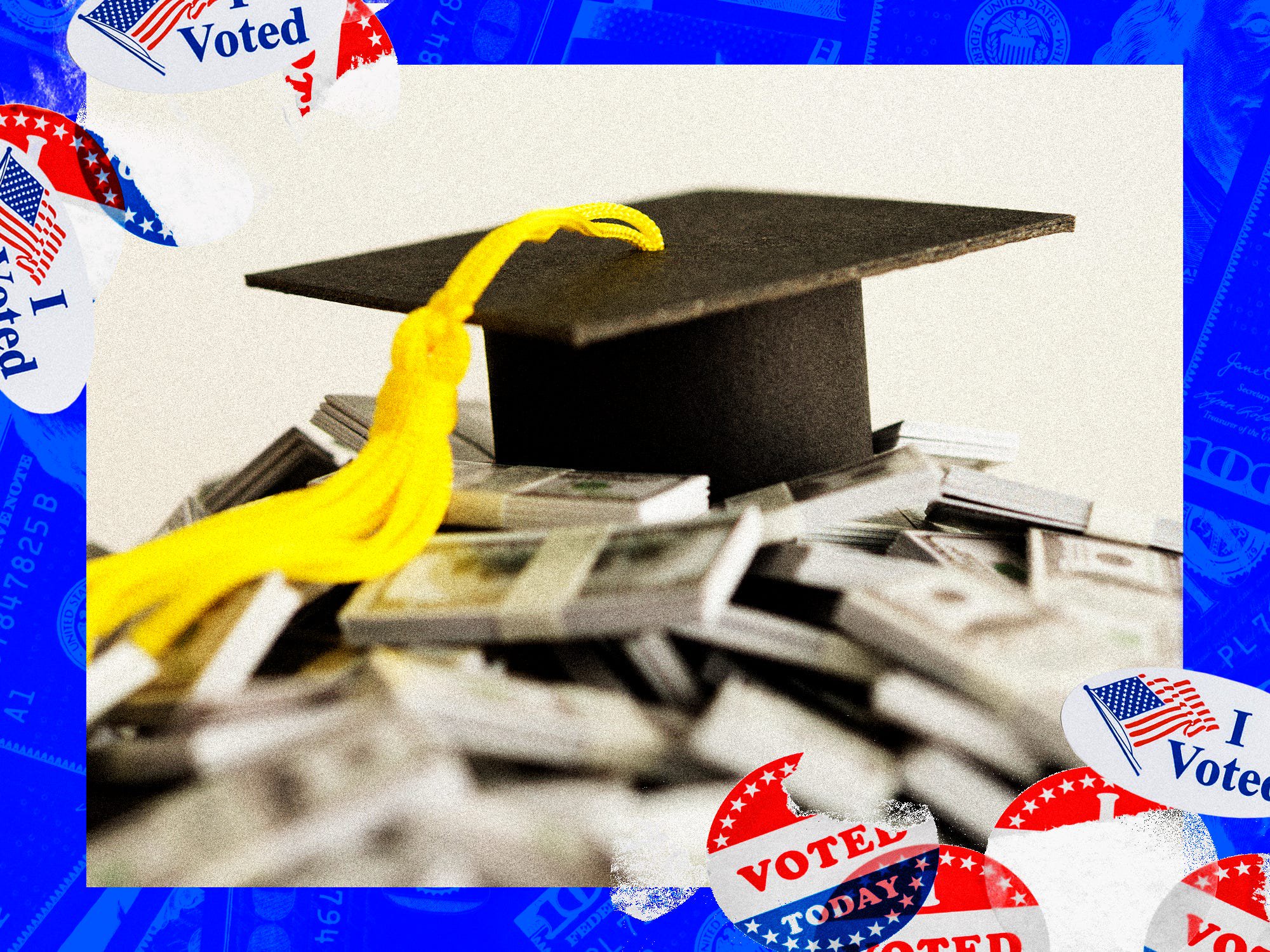A graduation cap on a pile of money with the midterms treatment