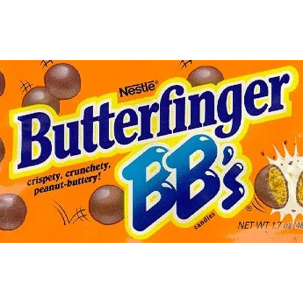 Butterfinger BB's candy packaging featuring crispy, crunchy, peanut butter-flavored chocolate balls.