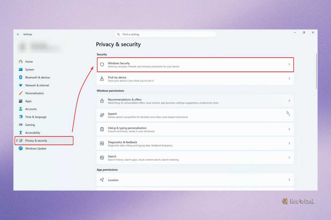 Selecting Windows Privacy and security from Windows settings.