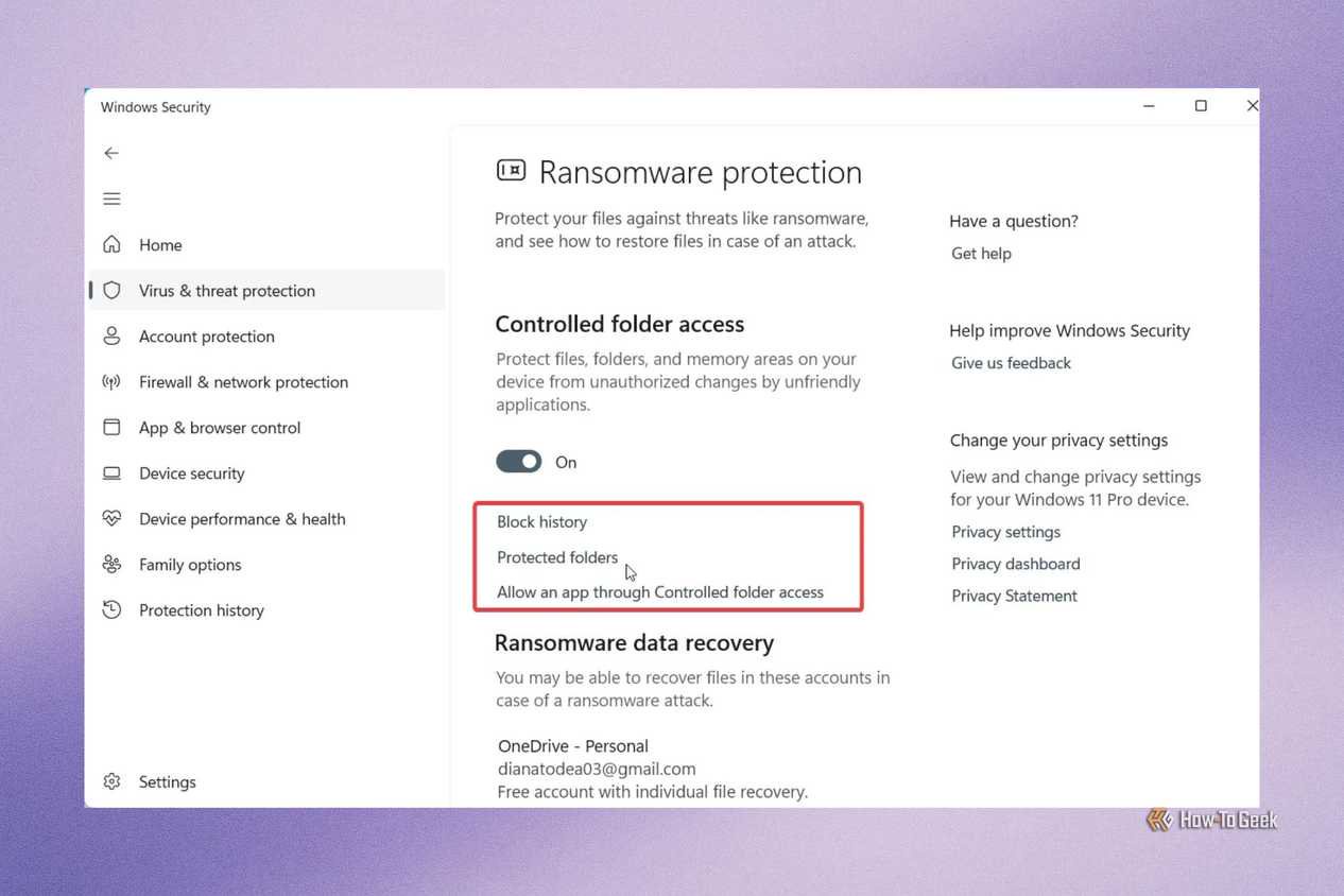 Controlled Folder Access options in Windows Security to check blocked app history, manage protected folders and allowlist selected apps.