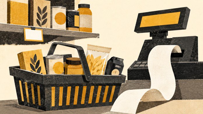 AI-generated illustration of generic groceries, a shelf label, a register and a receipt.