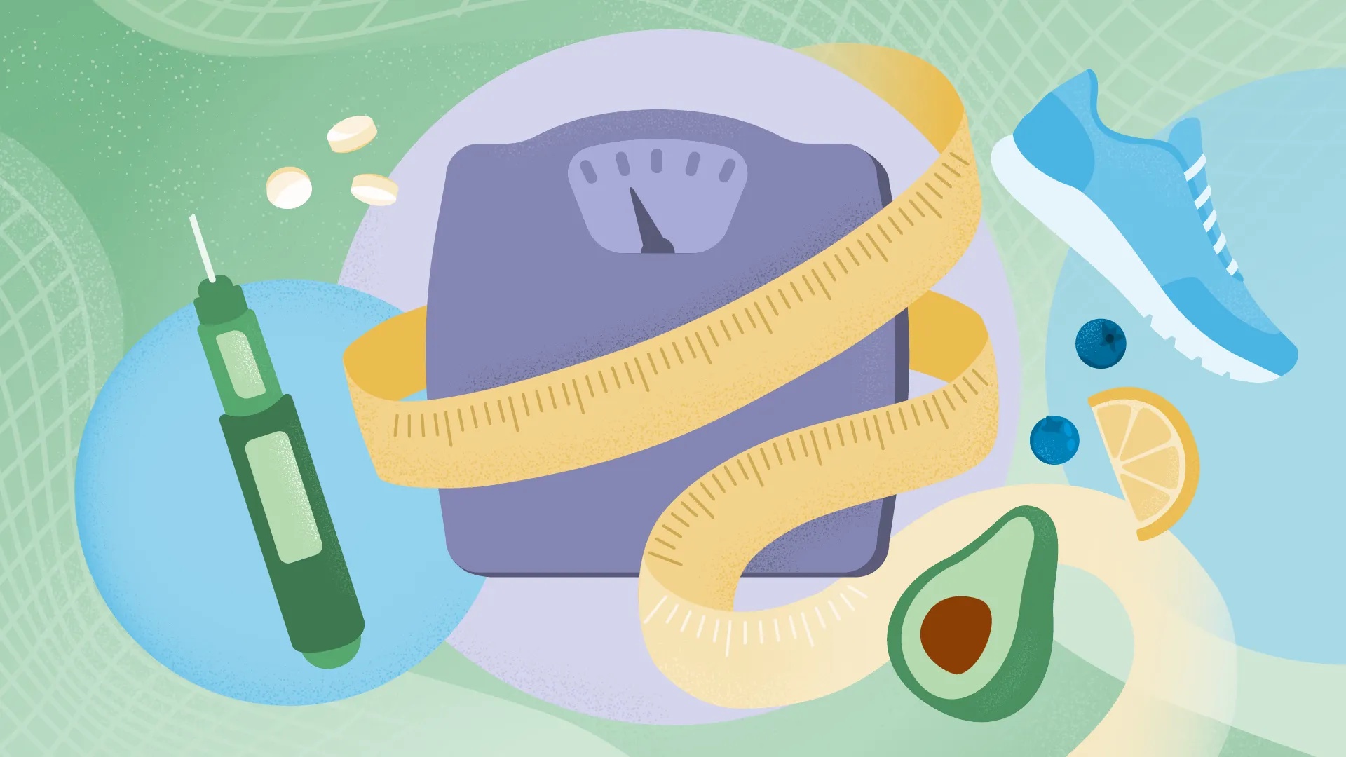 Illustration of a purple bathroom scale wrapped in a measuring tape, surrounded by a green medication pen, pills, a running sneaker, an avocado, blueberries, and a lemon slice.