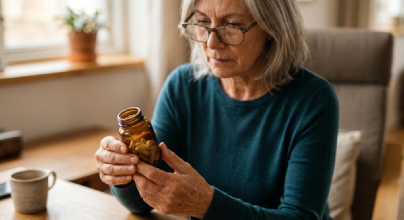 A woman examines a jar of capsules while sitting at a wooden table.