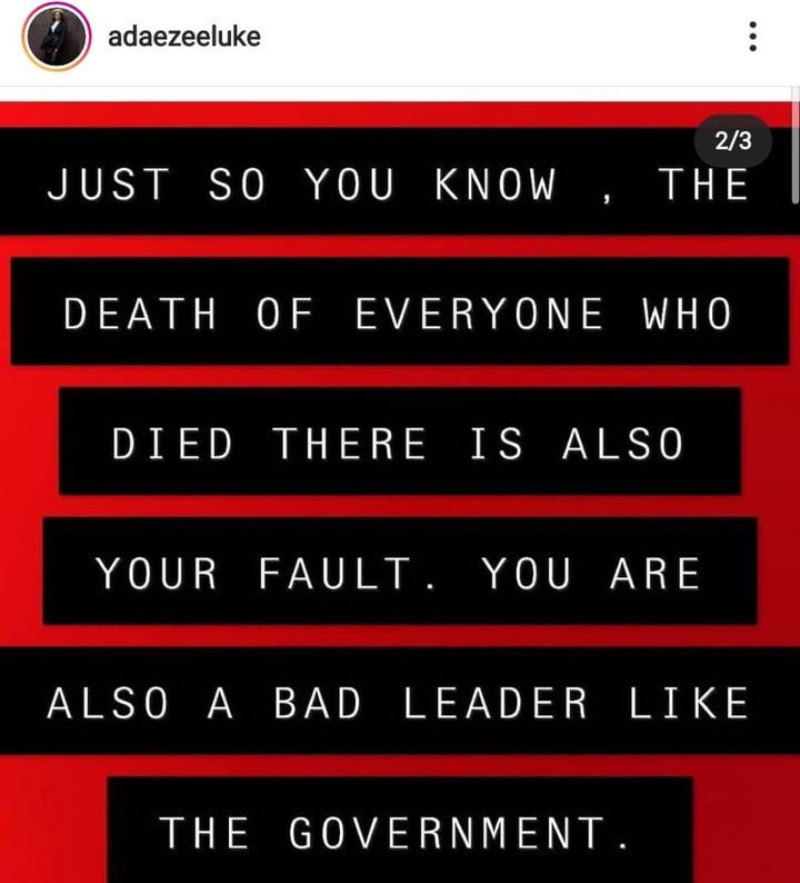 You are also a bad leader like the government - Actress, Adaeze Eluke accuses her fellow celebrities of abandoning other protesters before the Lekki gun attack