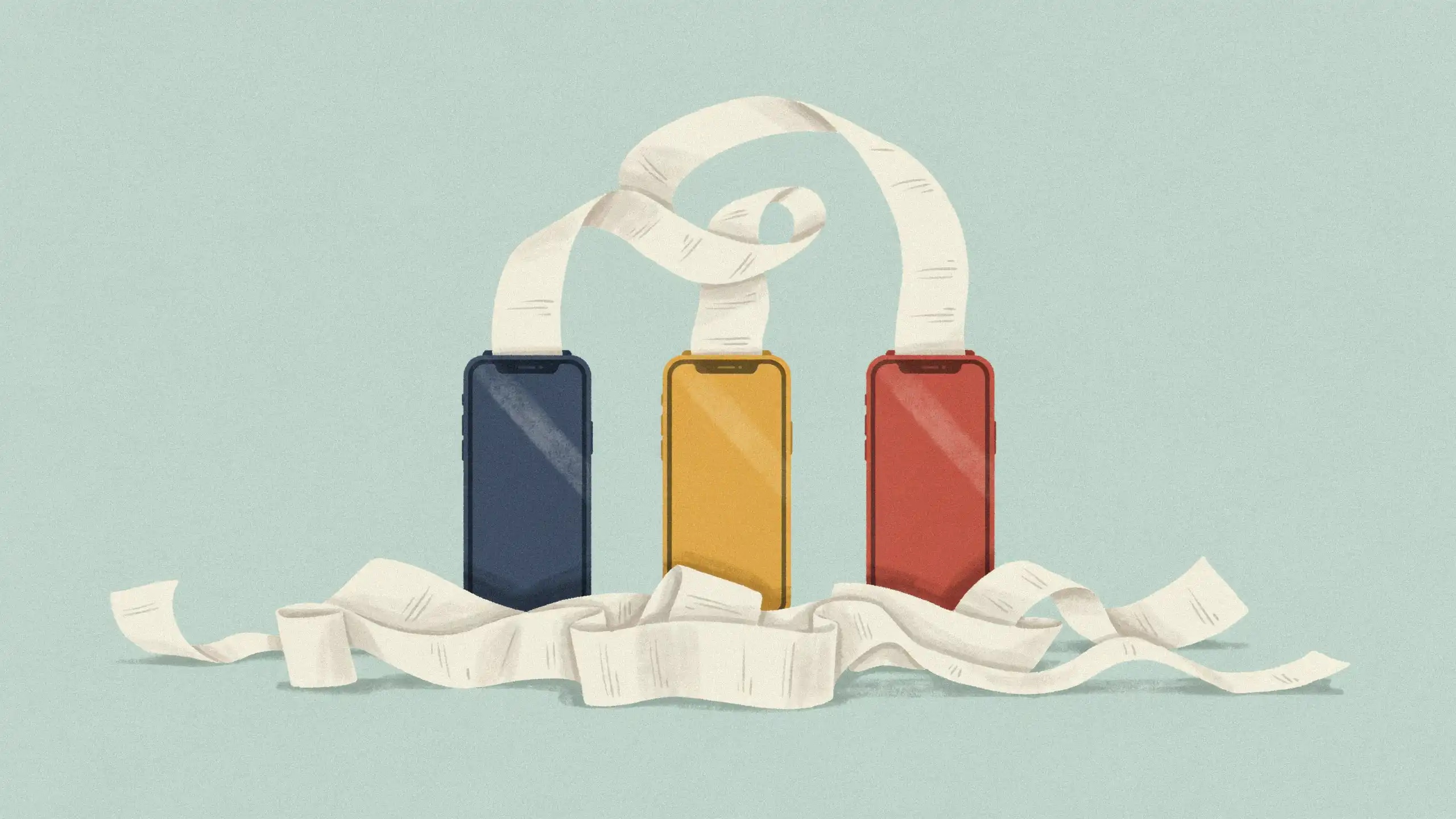 Buy now, pay later receipts from three colored phones twisting together and heaping into a long pile in front