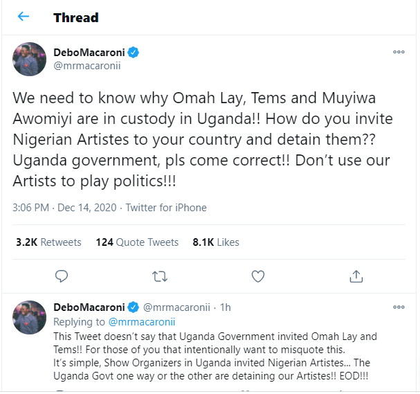 Runtown, Burna Boy and others call for the release of Omah Lay and Tems following news they have been remanded in prisons for flouting COVID-19 guidelines in Uganda