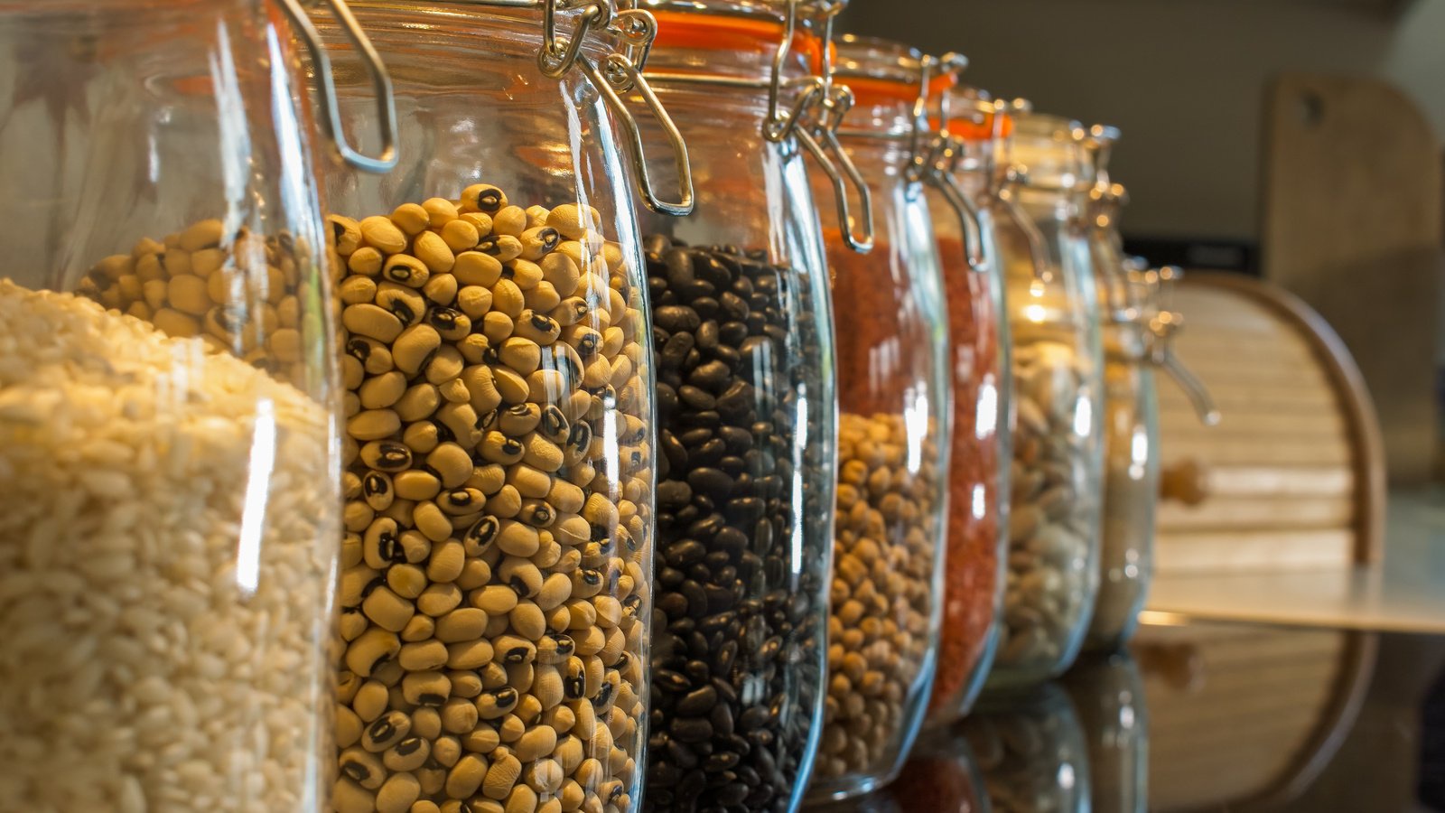Rice, beans and other dry staples stored in sealed glass jars