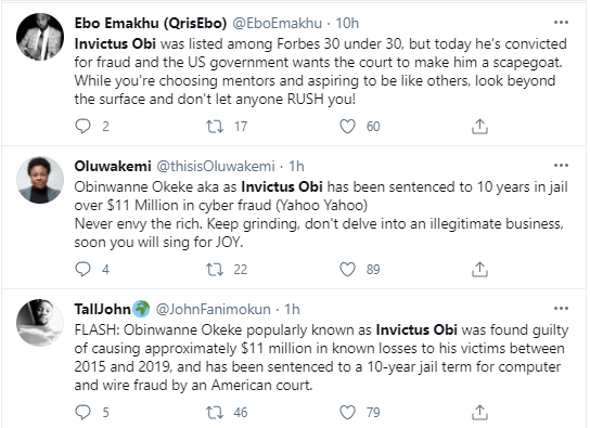 The painful thing is that he was giving motivational speeches to people struggling to make it legally - Nigerians react as Invictus Obi gets 10-year jail term for fraud in U.S.