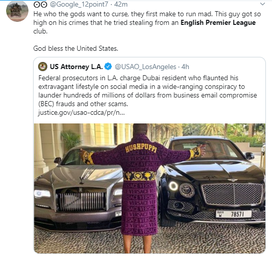 Football fans react after Hushpuppi was accused of conspiring to steal ?100 million from an English Premier League club