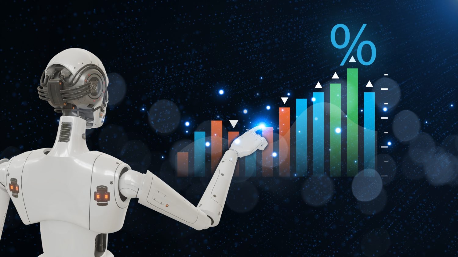A white humanoid robot with metallic details and glowing orange accents on its chest and joints is shown from the back and side, with its right arm extended. Its index finger, emitting a bright blue light, touches a rising bar chart. The chart features columns in orange, blue, and green, with white upward arrows, all set against a dark blue background filled with sparkling white dots and blurred blue bokeh lights. A large blue percentage sign (%) is prominently displayed above the chart.