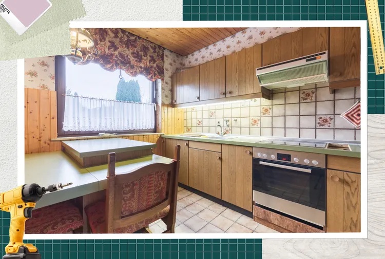 A kitchen with wooden cabinets tiled backsplash an oven and a window featuring a partially covered green table and a decorative setting