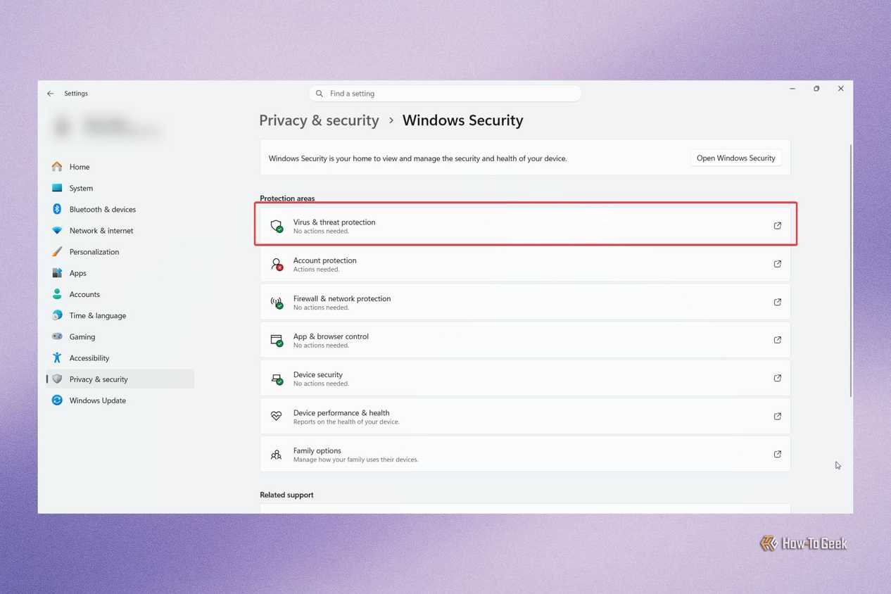 Windows Security Virus and threat protection menu.