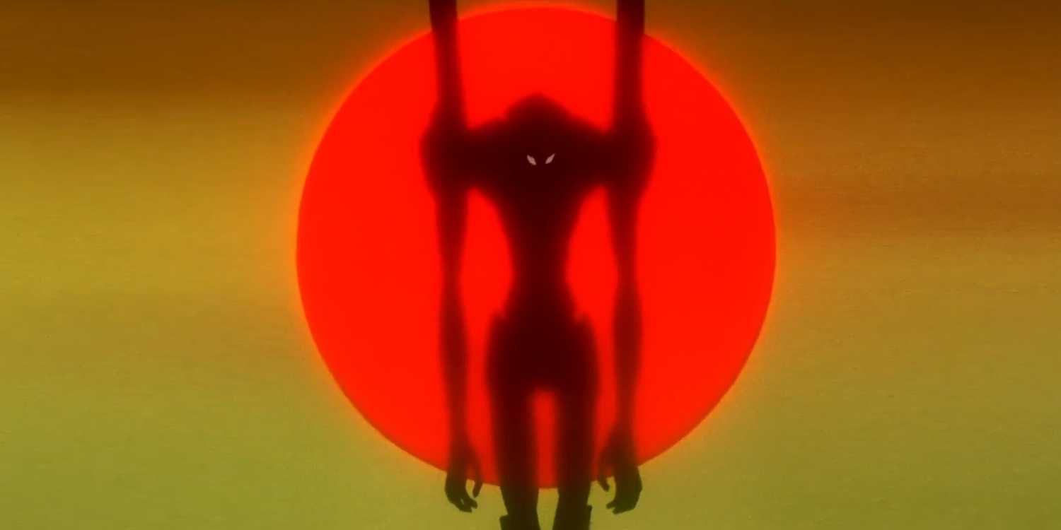 A huge mecha against the sun in Neon Genesis Evangelion