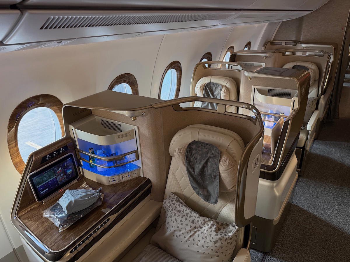 Emirates business class seat in the cabin of an Airbus A350