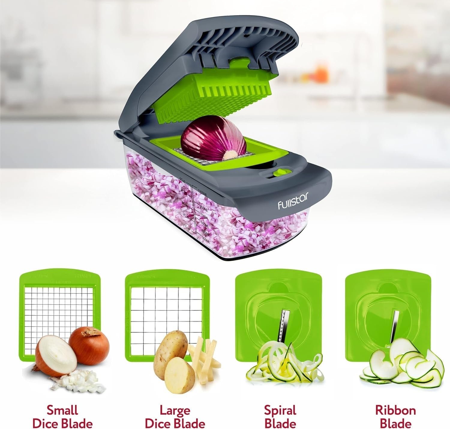 Vegetable chopper with open lid showing diced onion inside. Features interchangeable blades for small dice, large dice, spiral, and ribbon cuts