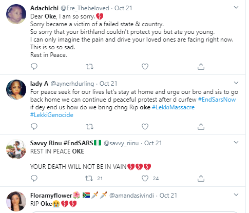 Twitter users mourn #EndSARS protester, Oke, who was allegedly shot dead in Lagos three hours after tweeting "Nigeria will not end me"