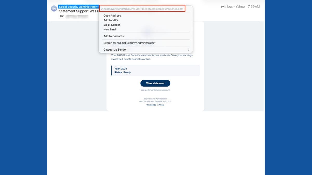 A fake Social Security statement email