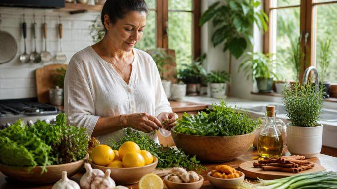 Adult preparing fresh vegetables and herbs in a bright kitchen, with whole foods like garlic, lemon, and cinnamon visible on the counter, natural sunlight streaming through windows