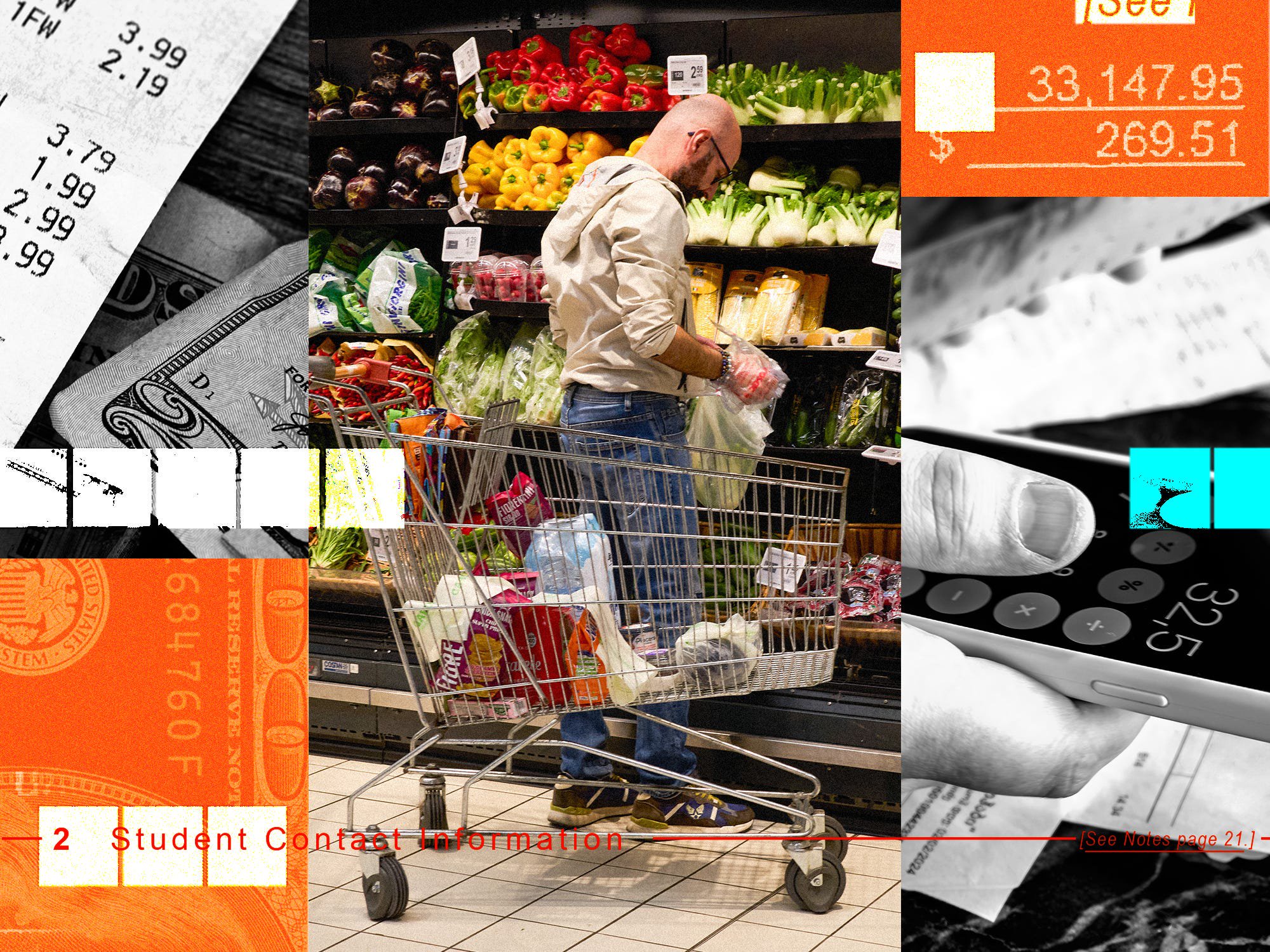 A collage showing a shopper with a cart selects produce in a grocery aisle amid collage elements of receipts, cash, a calculator, and private lending elements.