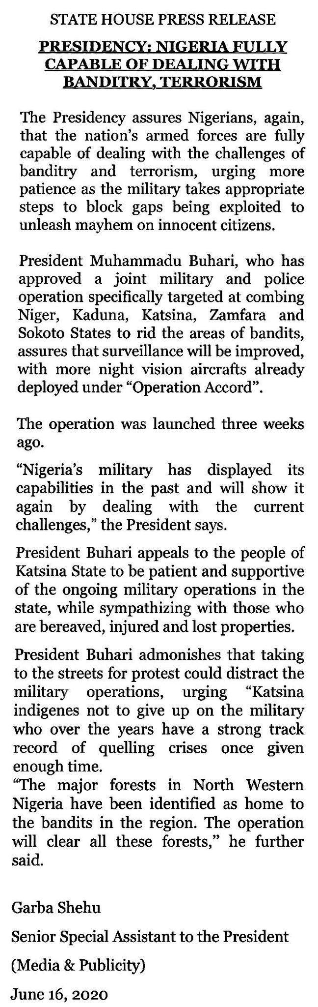 Buhari's statement on joint military and police operation