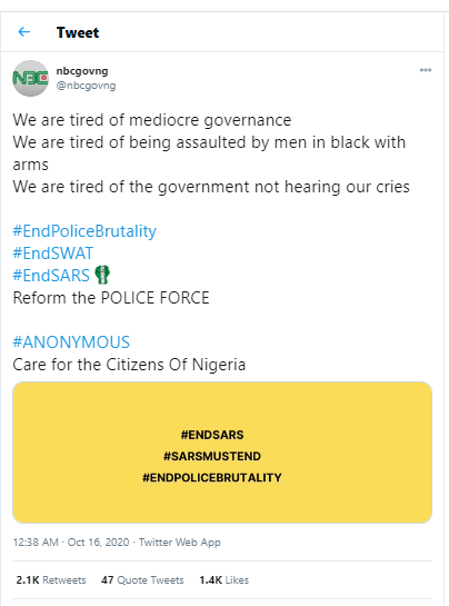 "Hacktivist" group, Anonymous hacks National Broadcasting Commission?s Twitter account in support of #EndSARS campaign