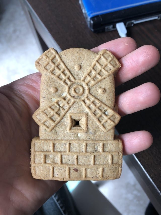 A person holds a windmill-shaped cookie with detailed patterns and textures
