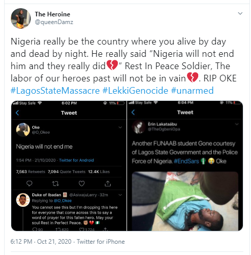 Twitter users mourn #EndSARS protester, Oke, who was allegedly shot dead in Lagos three hours after tweeting 