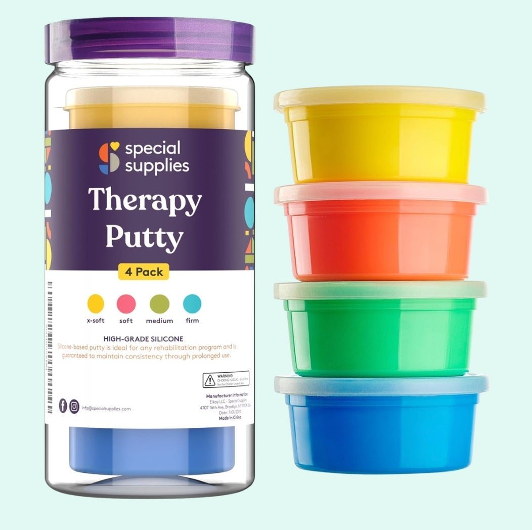 Therapy Putty 4-pack with silicone-based putty in varying firmness levels from x-soft to firm, suitable for physical therapy exercises