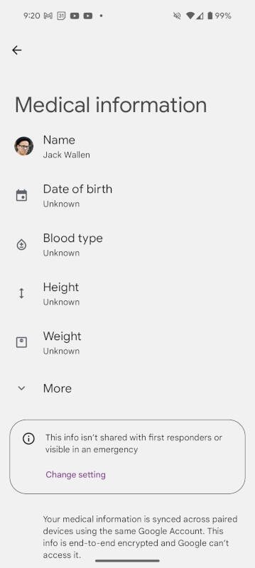 The "Medical information" page in Android 14.