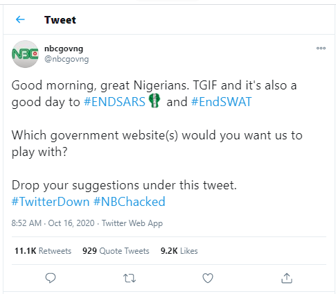 "Hacktivist" group, Anonymous hacks National Broadcasting Commission?s Twitter account in support of #EndSARS campaign