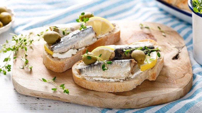 Slab of sardine open-faced sandwiches