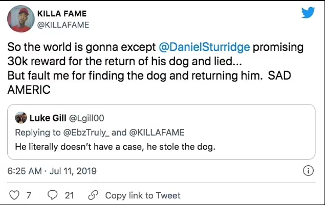 Update: Footballer, Daniel Sturridge is being sued for failing to pay ?26,000 reward to man who found his lost Pomeranian dog in Los Angeles in 2019?