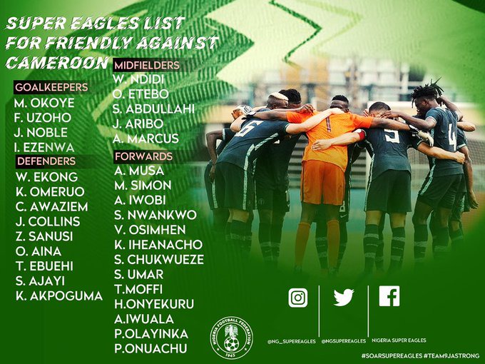 Super Eagles 31 provisional list for Cameroon friendly game