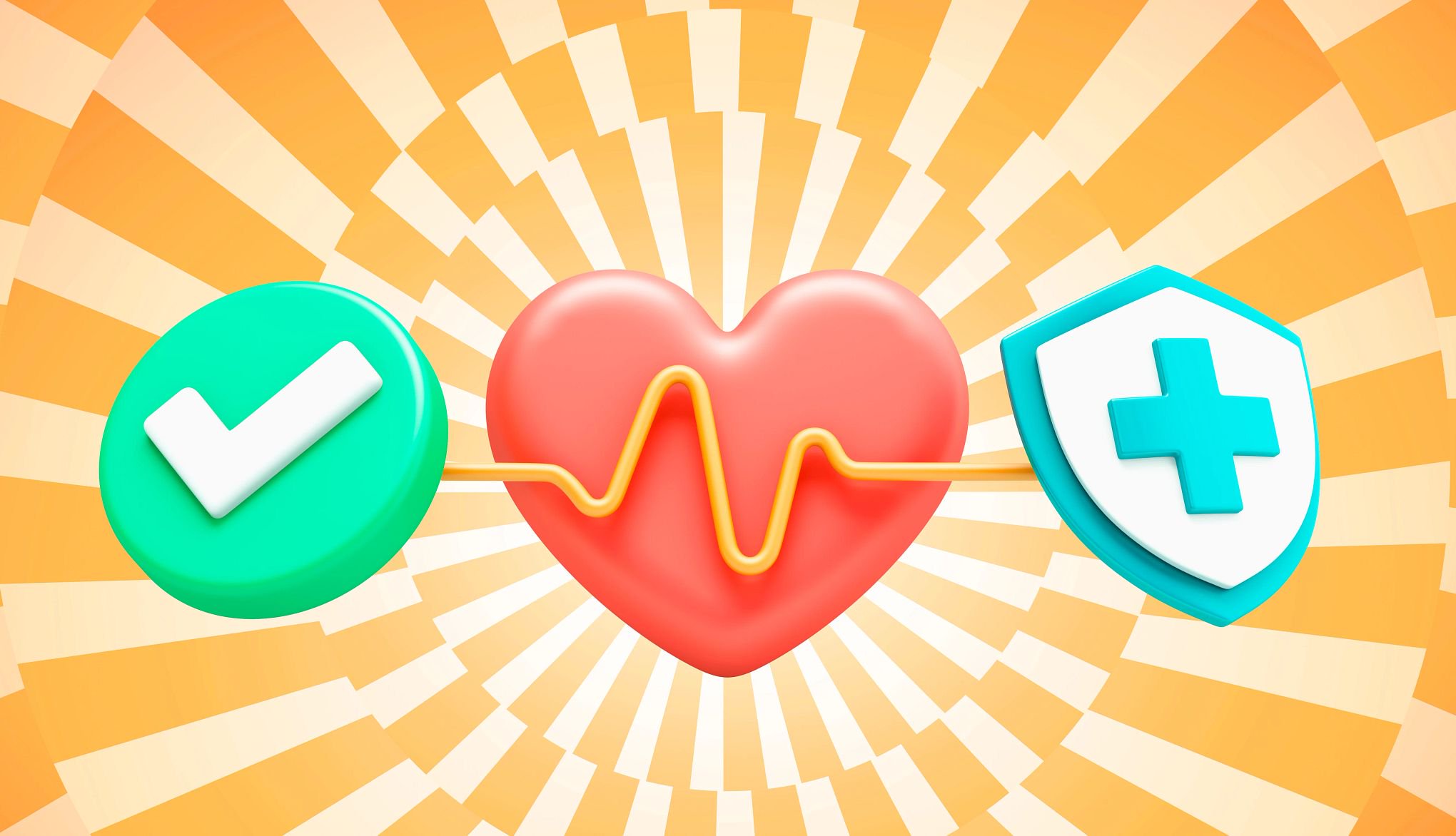 Illustration of a heart with a heartbeat line between a green checkmark and a blue medical shield on an orange background.