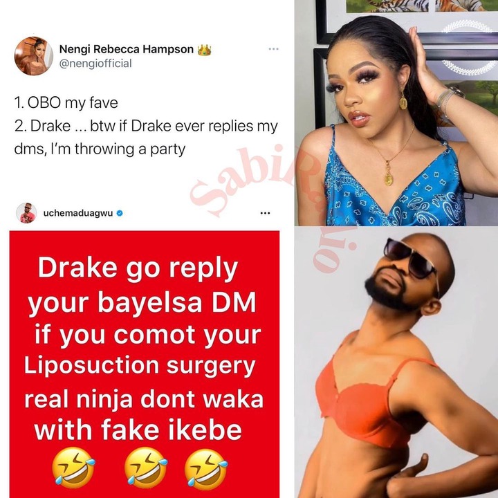 Gay actor Uche Maduagwu takes a slight dig at BBN Nengi for trying to get Drake's attention