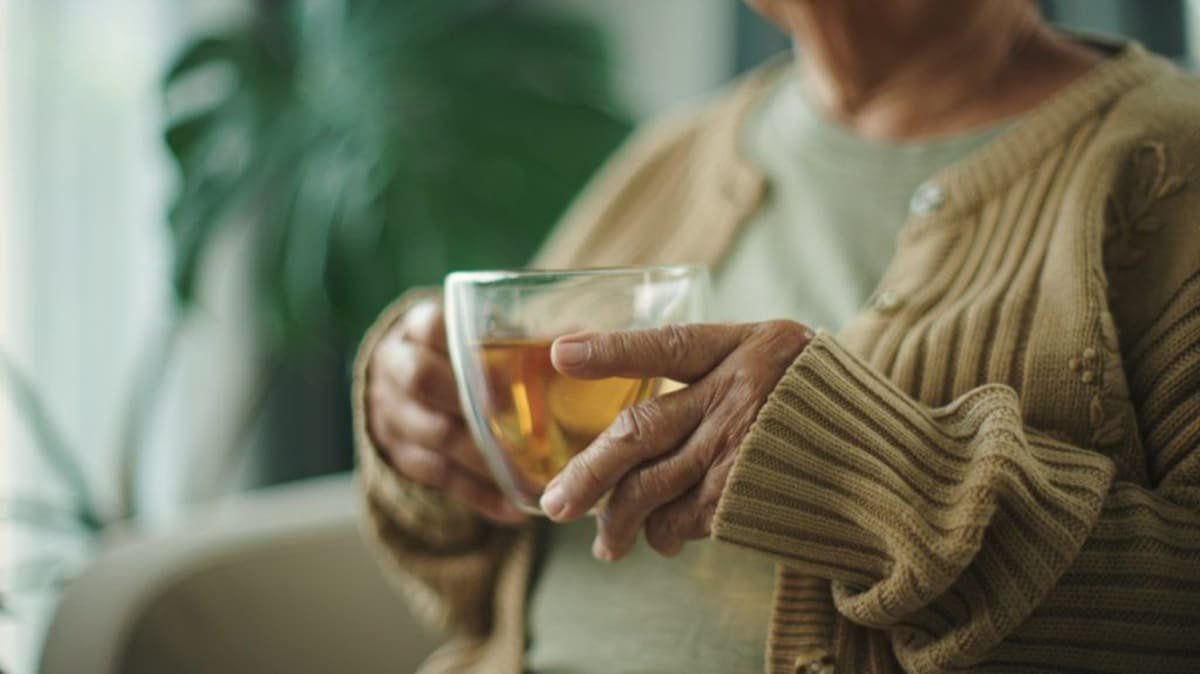 Closeup of a person holding a cup of tea.