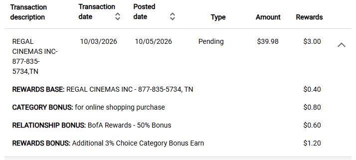 BofA rewards breakdown showing $3.00 pending on a $39.98 Regal ticket purchase, including an Online Shopping category bonus.