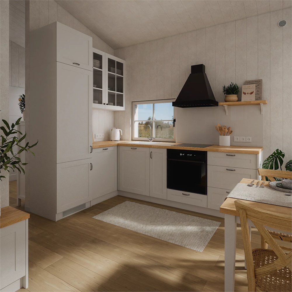 Illustrated L-shaped kitchen with optional appliances
