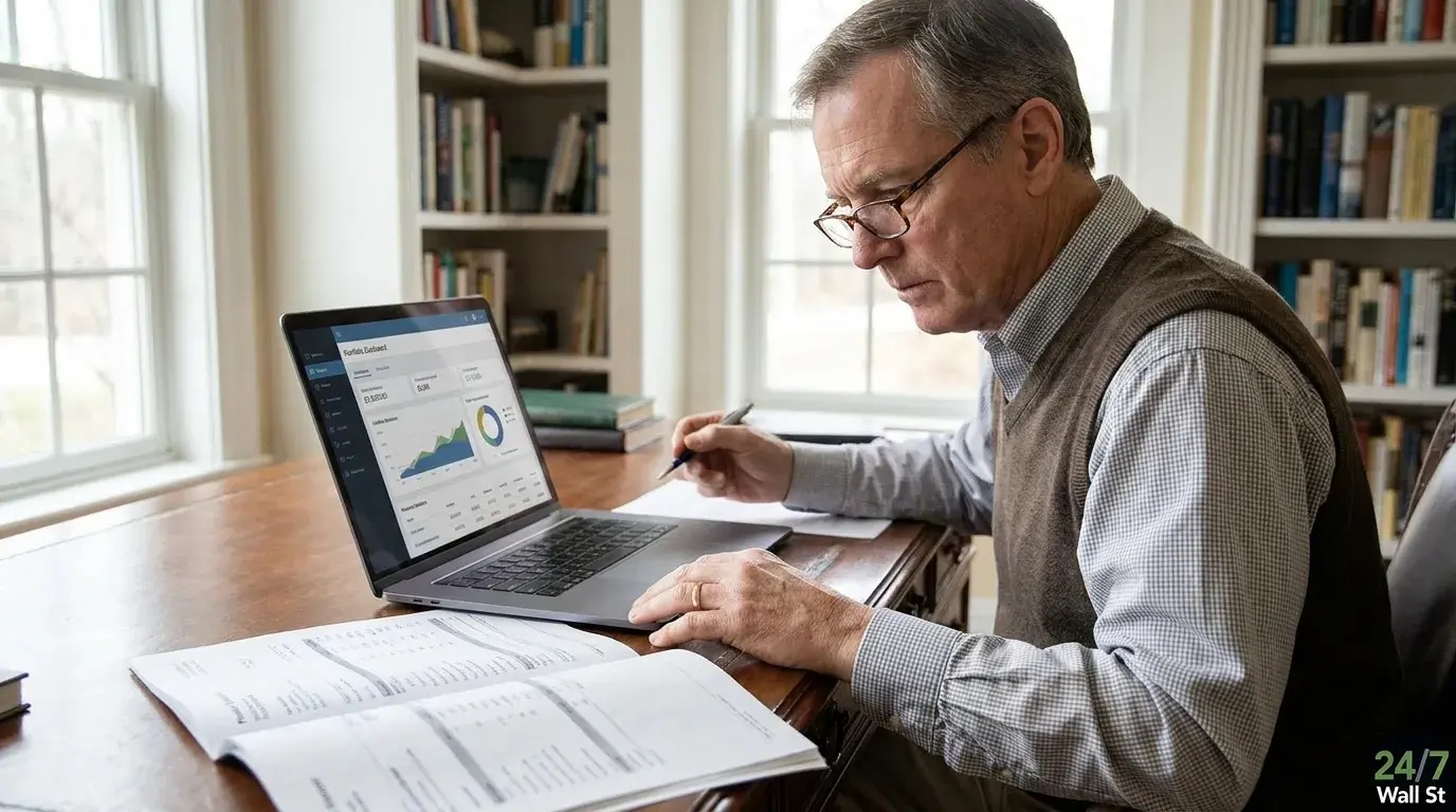 A focused older man with glasses, dressed in a brown vest over a light-colored checkered shirt, sits at a wooden desk. He holds a pen and looks intently at an open laptop displaying financial charts and data, while several printed financial reports are spread out in front of him. In the background, a window provides natural light, and a bookshelf filled with books is visible.
