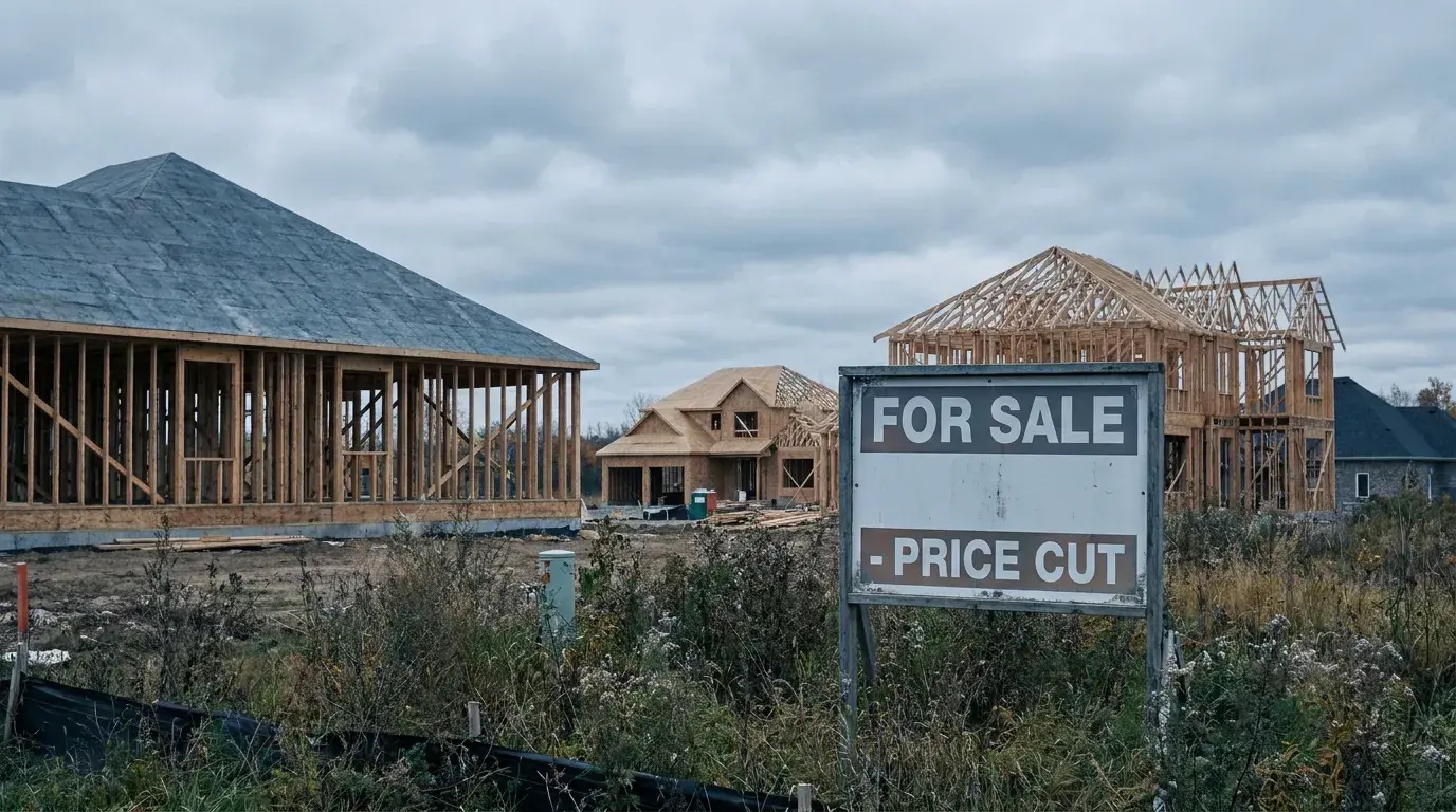 A wide shot of a residential construction site under a gloomy, overcast sky. In the foreground, a gray and brown 'FOR SALE - PRICE CUT' sign is visible amidst overgrown dry grass and weeds. Behind the sign, several houses are in various stages of construction, featuring exposed wooden frames; one house on the left has a completed gray shingle roof, while others show partial roofs and exposed timber. The overall mood is stark and reflects ongoing development challenges.