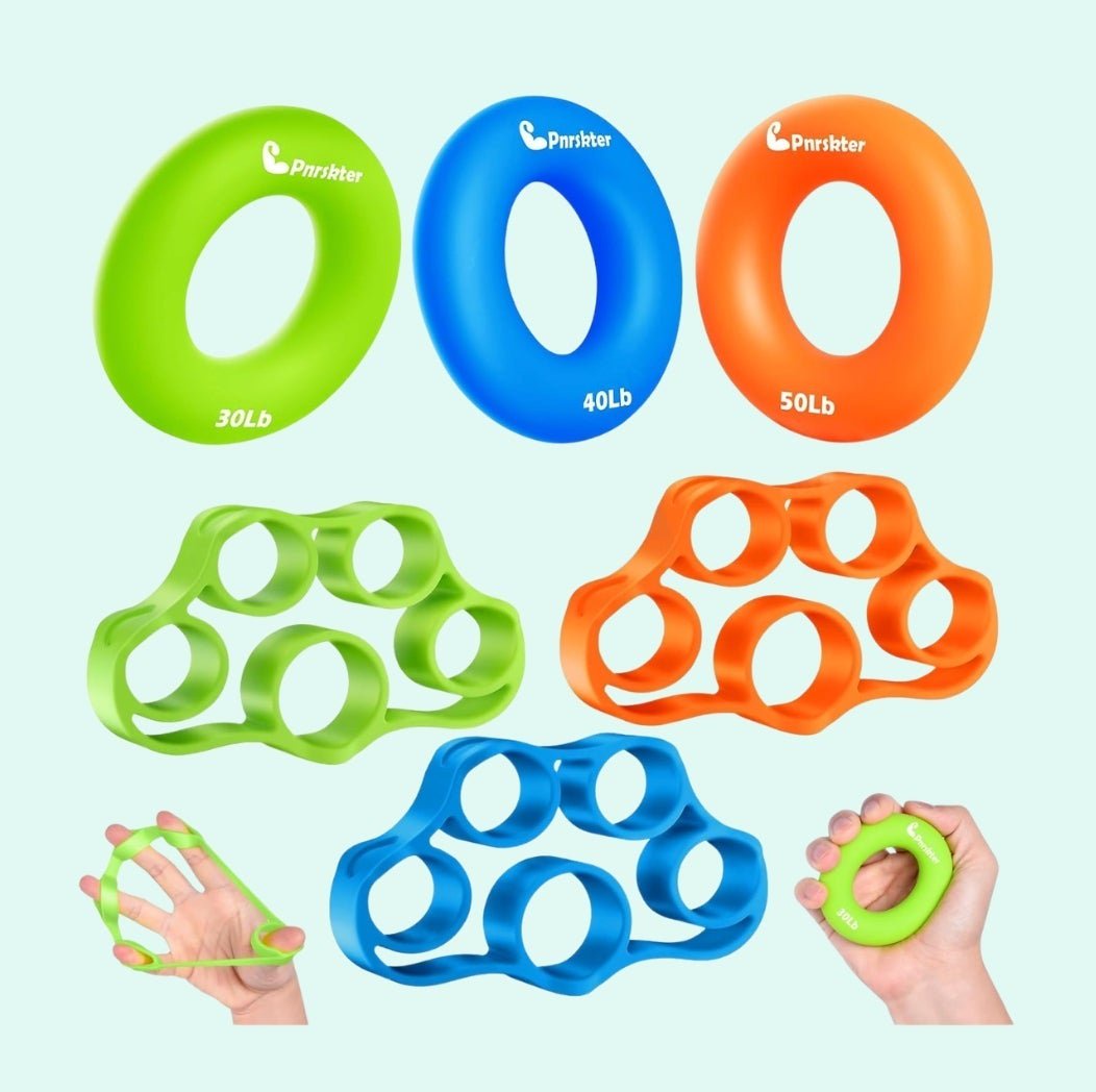 Hand grip strengthener set with multiple resistance levels for exercise and therapy, featuring ring and knuckle designs in varying intensities