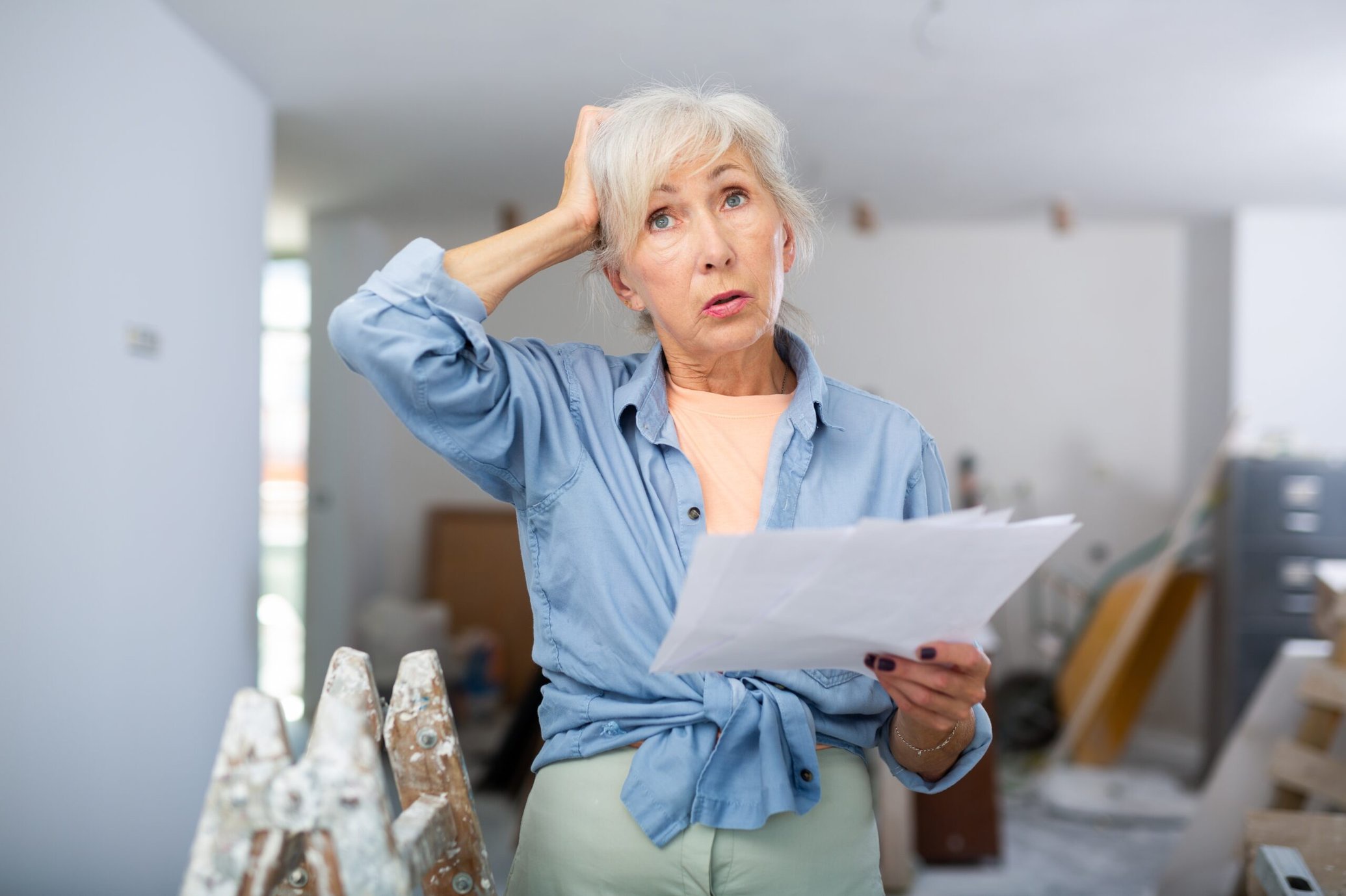 Stressed female homeowner looking at a repair bill