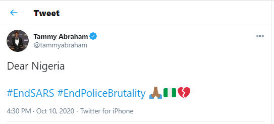 Chelsea footballers join the #EndSARS campaign against police brutality in Nigeria