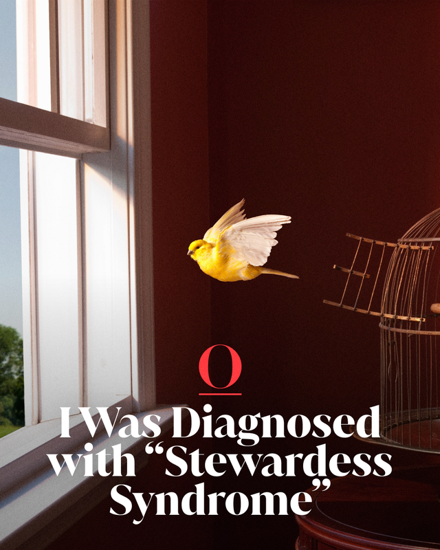 yellow bird flying away from an open cage by a window with text "i was diagnosed with 'stewardess syndrome"