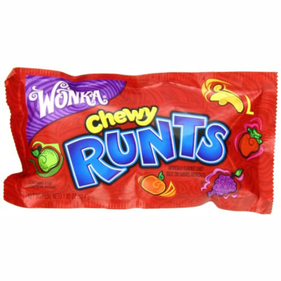 Chewy Runts candy package featuring colorful fruit shapes and the Wonka brand logo.