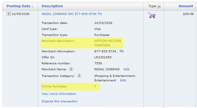 BofA transaction details for $39.98 in Regal movie tickets, showing “MOTION PICTURE THEATERS” and “Online Purchase: Y.”