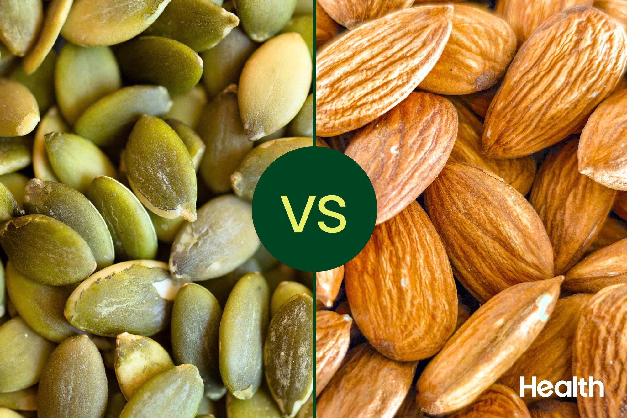 Pumpkin seeds and almonds can both be healthy additions to your diet.Credit: Design by Health; Getty Images