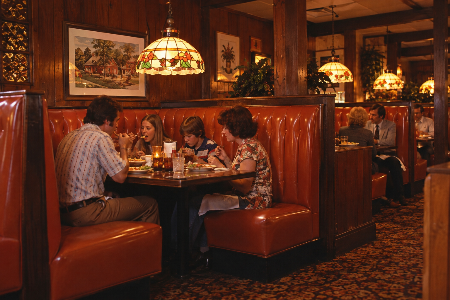 A family of four sits in an orange booth at a cozy, wood-paneled restaurant, eating dinner. Other diners occupy nearby booths under stained glass lamps.