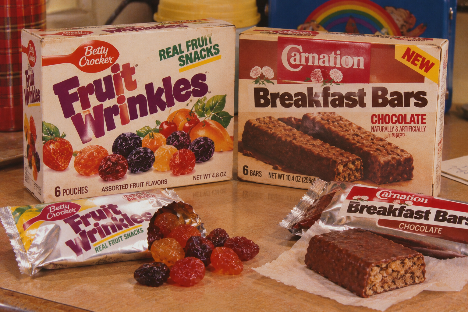 Boxes of Betty Crocker Fruit Wrinkles and Carnation Breakfast Bars are on a counter, with their contents—gummy fruit snacks and chocolate bars—displayed in front and partially unwrapped.