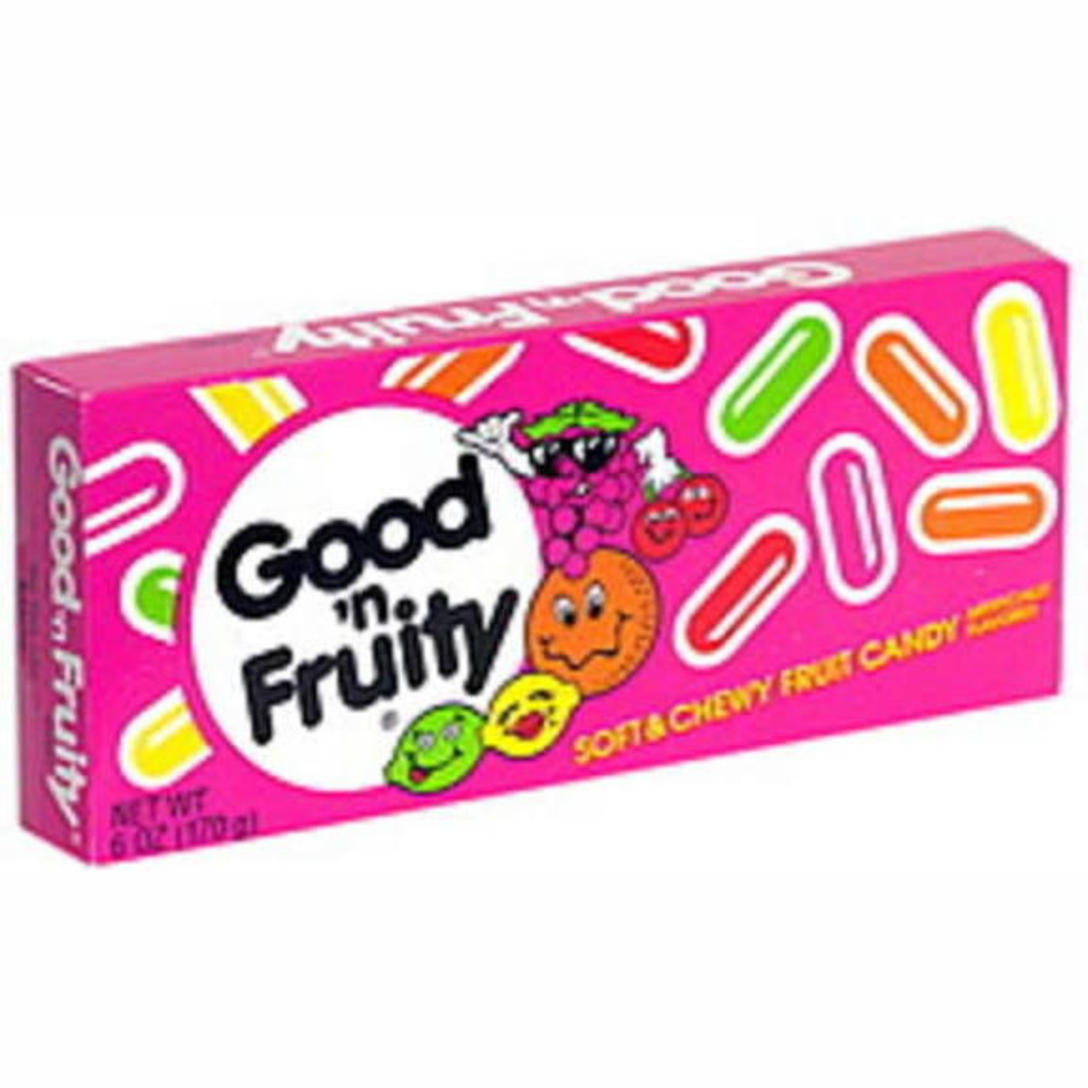 Colorful packaging of Good 'n Fruity soft and chewy fruit candy featuring playful fruit characters.
